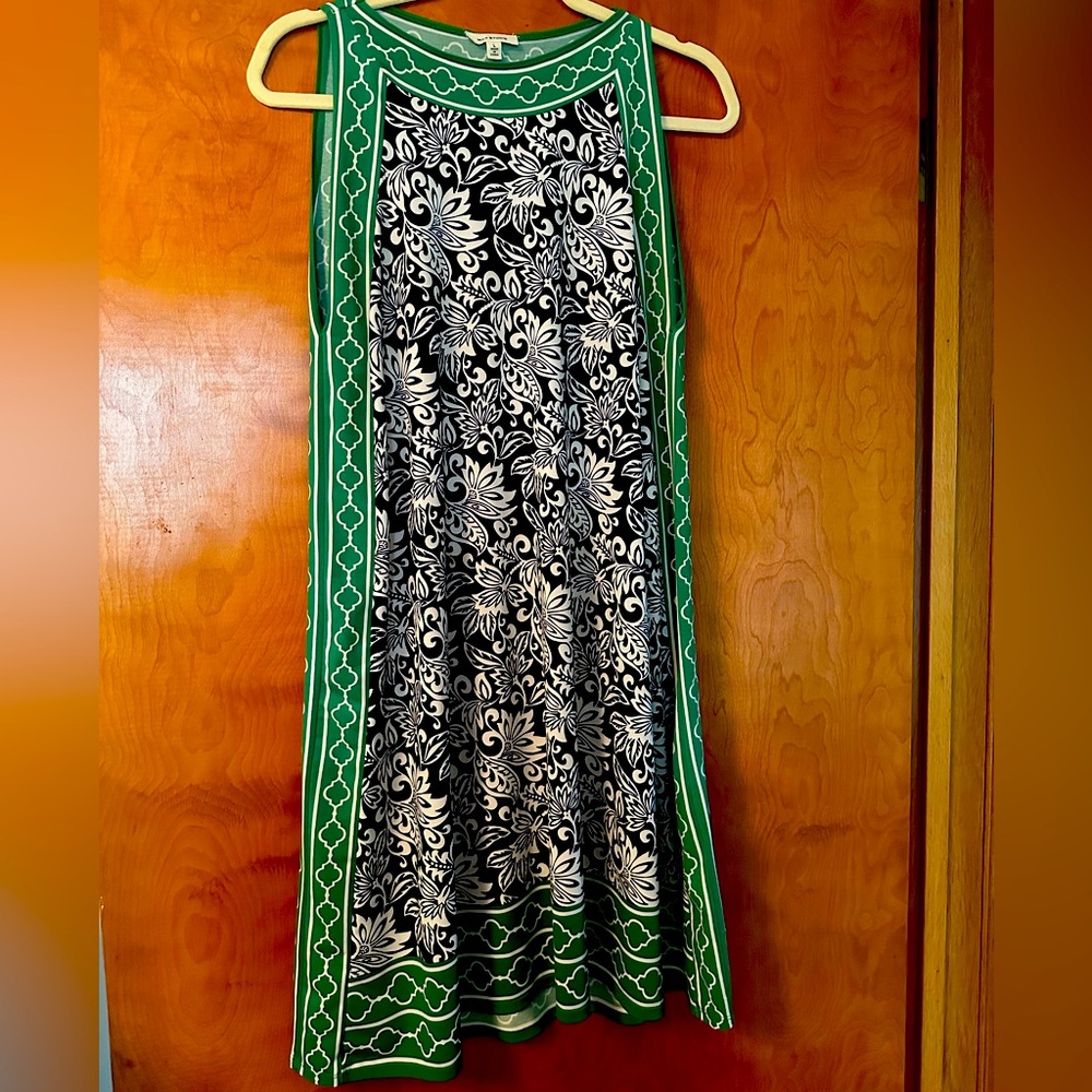 Max Studio Navy / Green Geo Floral A-Line Dress, Lilly Pulitzer style, Size L